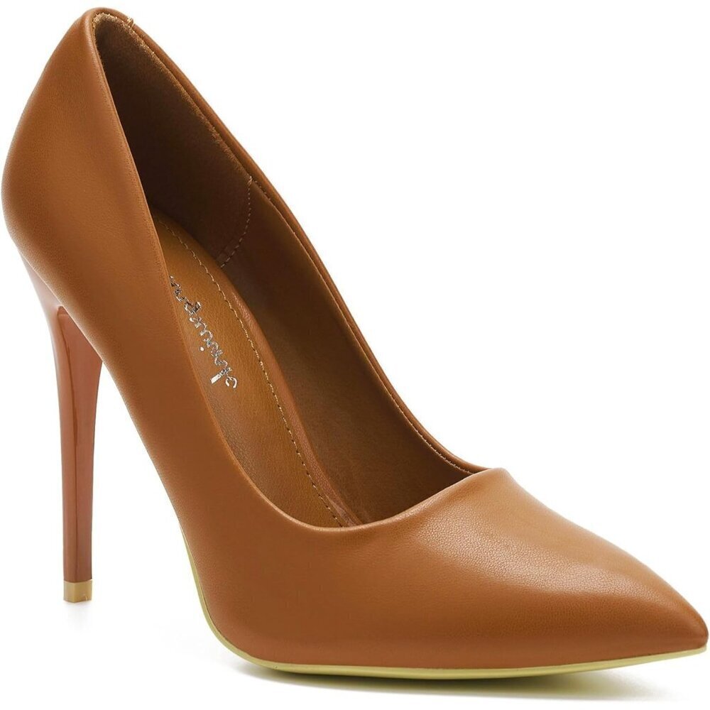 Womens Brown Polyurethane (PU) Pointed Closed Toe Slip On Heels Leather Pumps